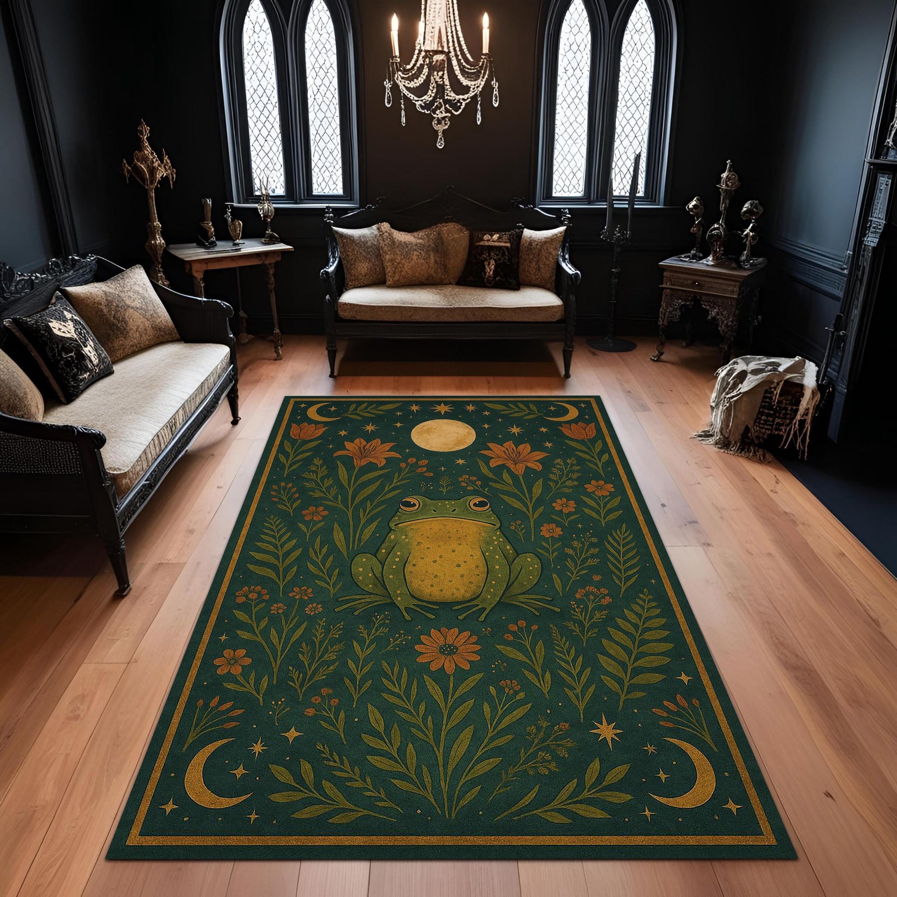 Mystic Frog Rug With Botanical Moon Design, Forest Green Celestial Carpet, Whimsical Nature Boho Living Room Decor