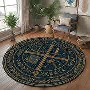 Justice Emblem Round Rug: Honor & Law Crest Carpet with Sword, Gavel, Book and Scales for Office, Library or Medieval Themed Decor