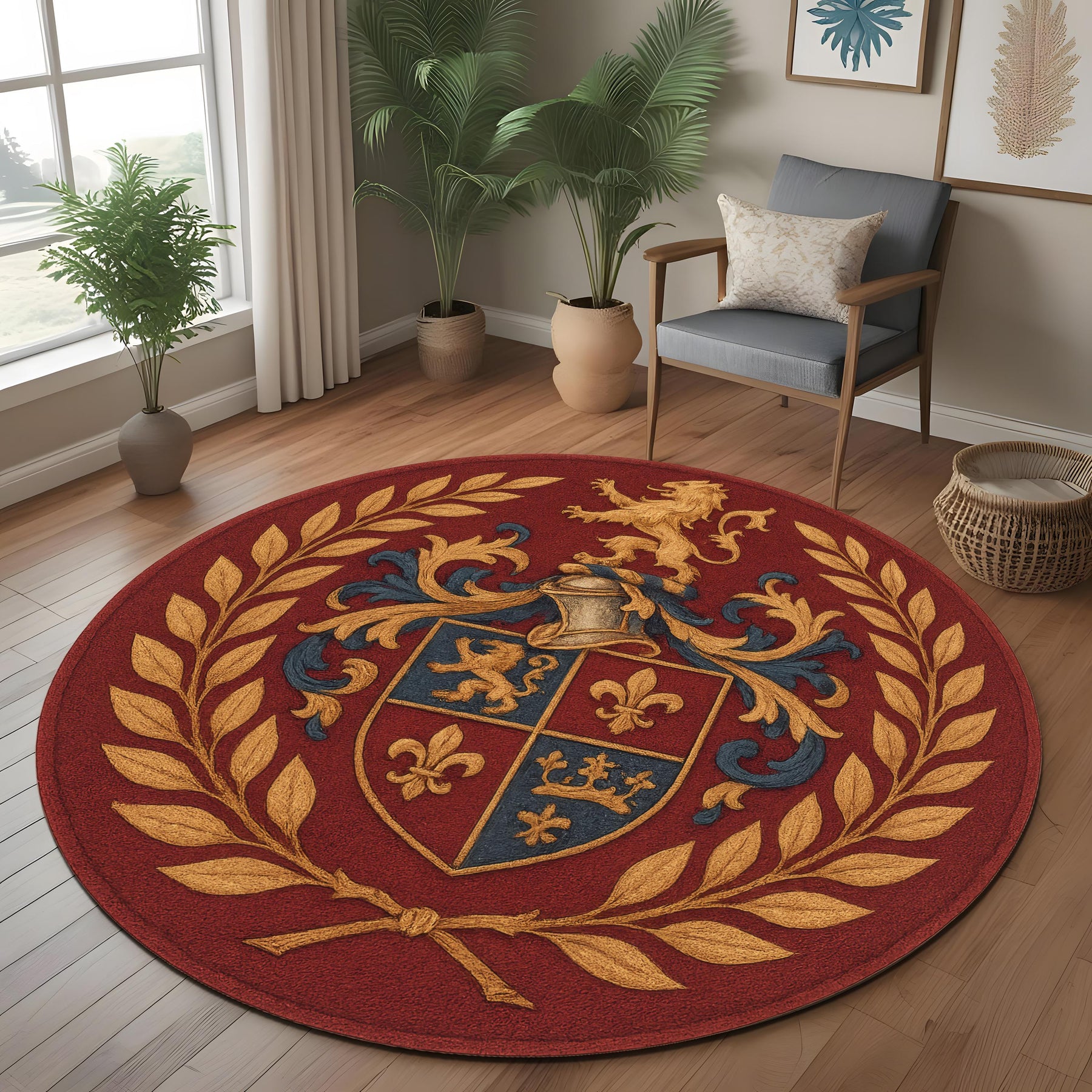 Royal Crest Round Rug: Heraldic Emblem Rug with Medieval Lion and Crown Symbols in Regal Red and Gold Palette