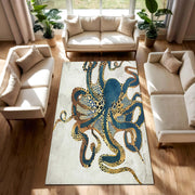 Octopus Coastal Rug, Modern Tentacle Sea Life Carpet, Abstract Marine Animal Decor for Nautical Beach House, Ocean Themed Living Room Accent