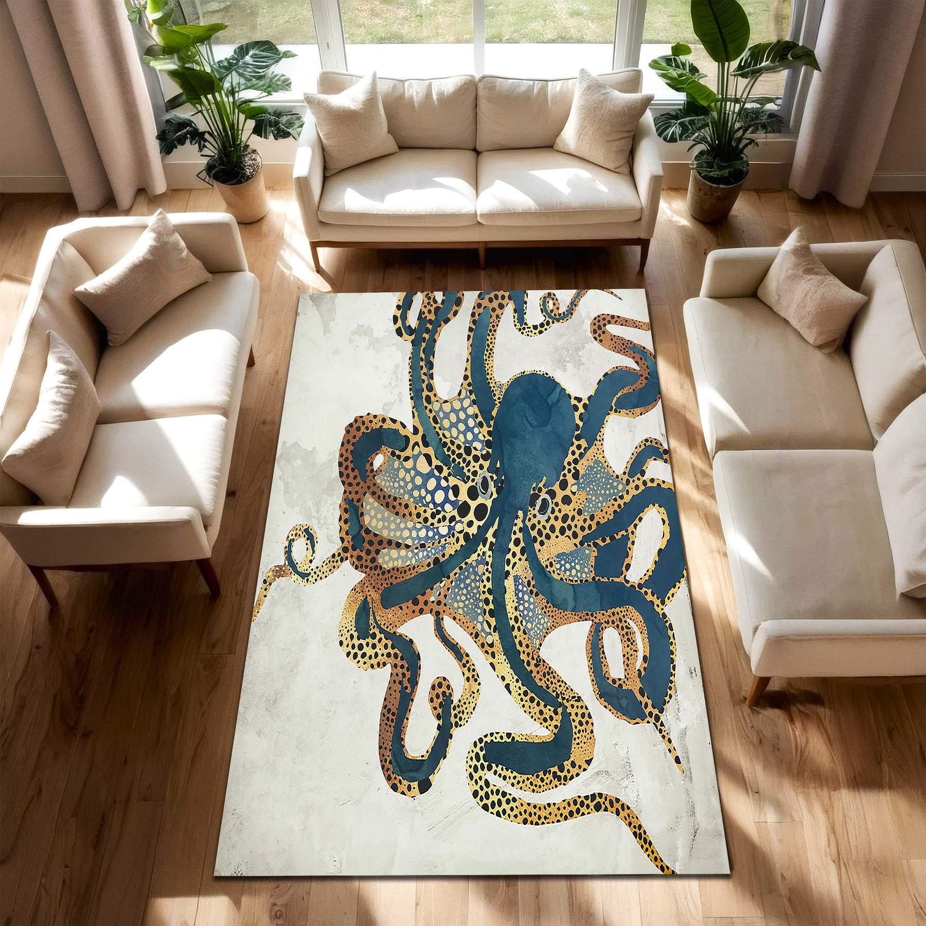 Octopus Coastal Rug, Modern Tentacle Sea Life Carpet, Abstract Marine Animal Decor for Nautical Beach House, Ocean Themed Living Room Accent