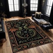 Medieval Dragon Tapestry Style Rug, Gothic Black Green Fantasy Carpet, Two Dragon Floral Art Rug for Living Room, Game Room, Bedroom Decor
