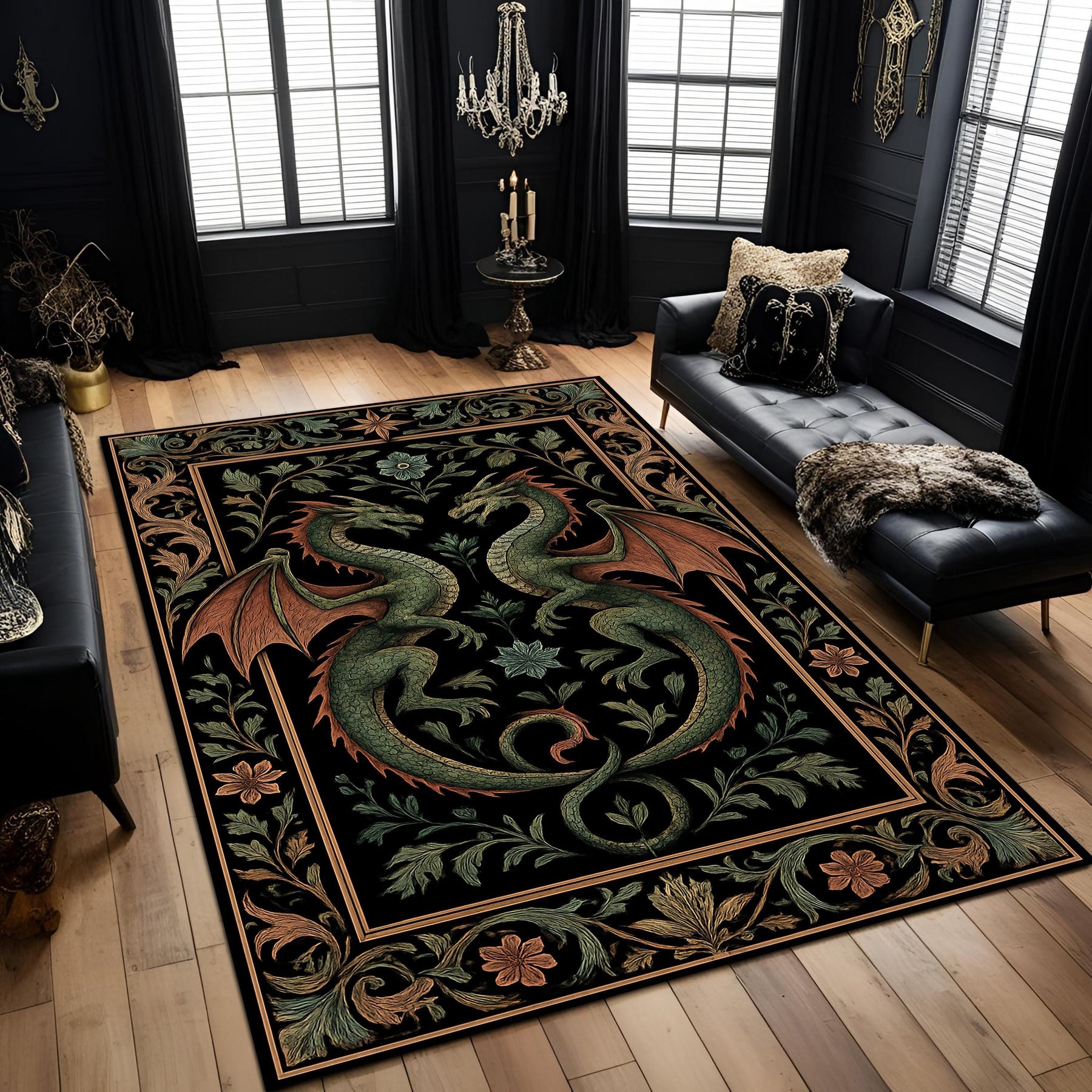 Medieval Dragon Tapestry Style Rug, Gothic Black Green Fantasy Carpet, Two Dragon Floral Art Rug for Living Room, Game Room, Bedroom Decor