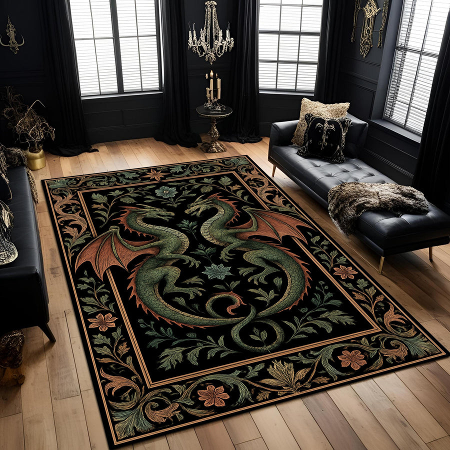 Medieval Dragon Tapestry Style Rug, Gothic Black Green Fantasy Carpet, Two Dragon Floral Art Rug for Living Room, Game Room, Bedroom Decor