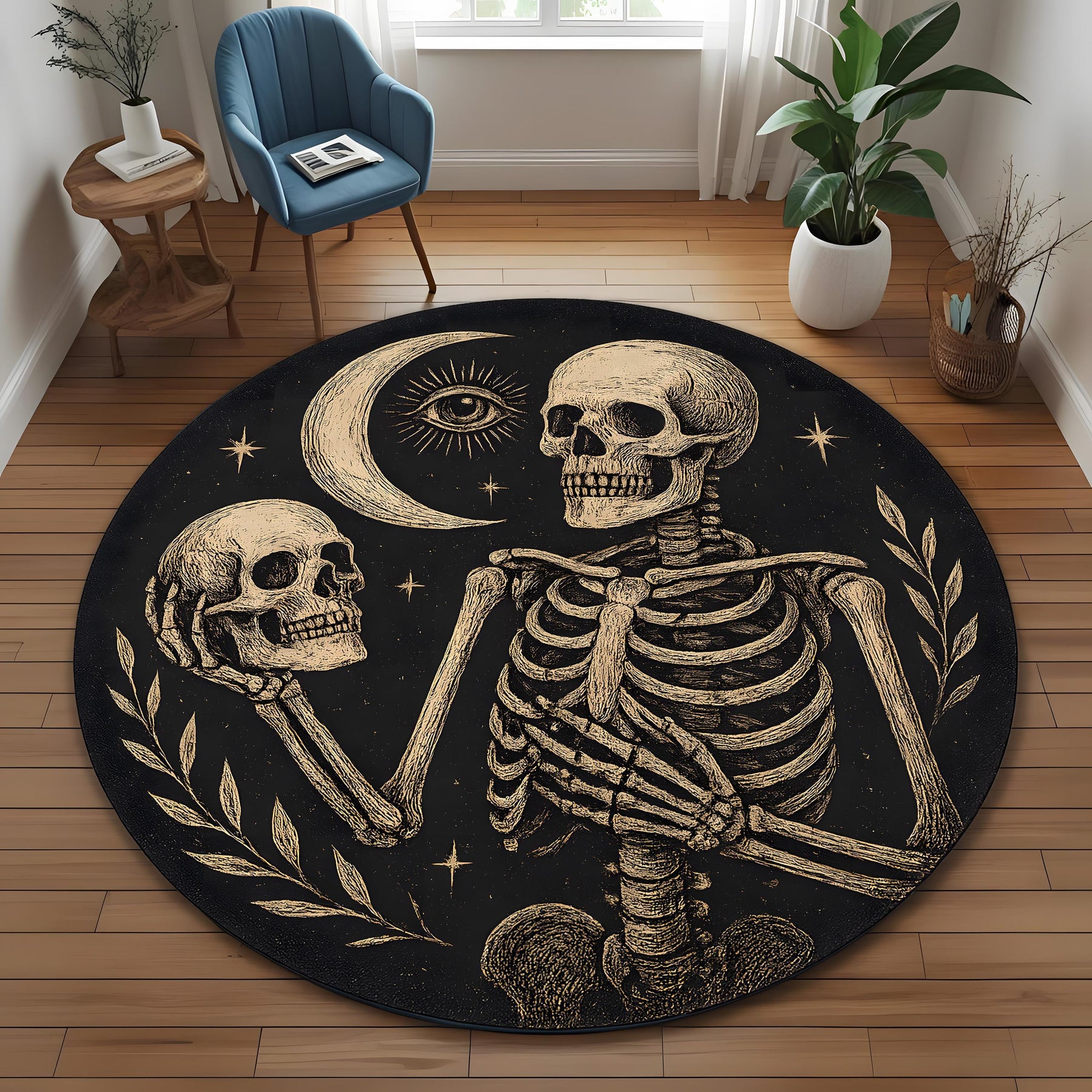Mystical Skeleton Round Rug: Celestial Skull Scene Carpet For Witchy Or Gothic Living Room Decor