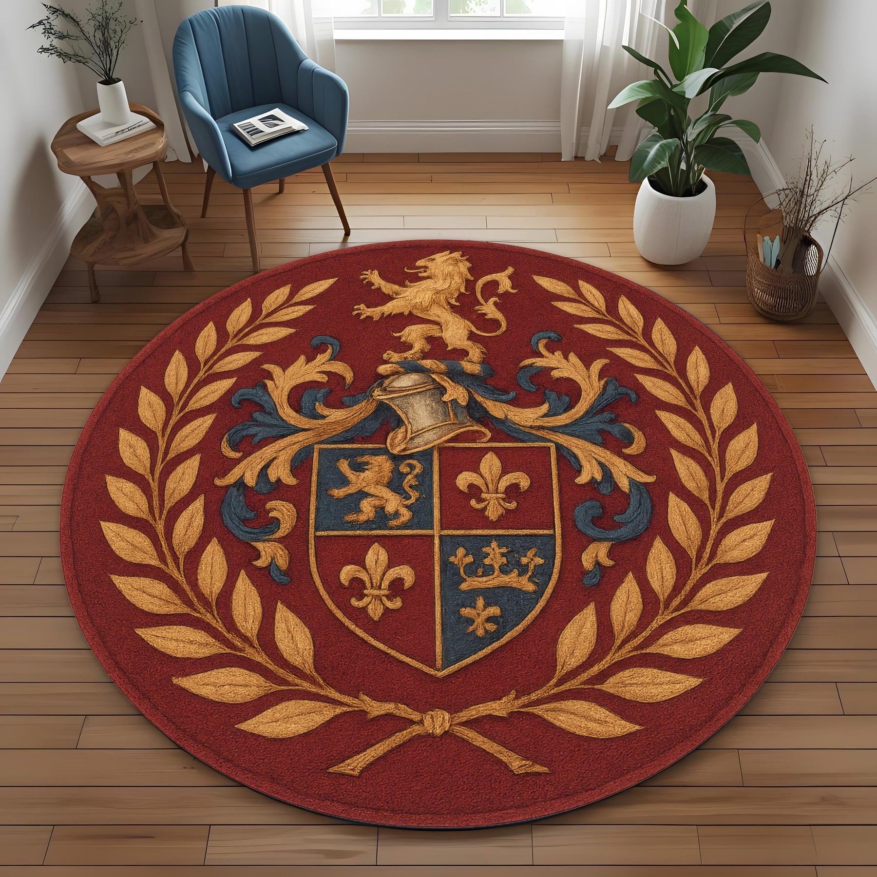 Royal Crest Round Rug: Heraldic Emblem Rug with Medieval Lion and Crown Symbols in Regal Red and Gold Palette