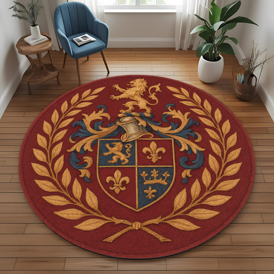 Royal Crest Round Rug: Heraldic Emblem Rug with Medieval Lion and Crown Symbols in Regal Red and Gold Palette