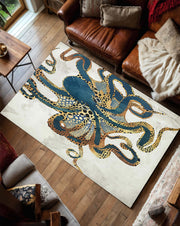 Octopus Coastal Rug, Modern Tentacle Sea Life Carpet, Abstract Marine Animal Decor for Nautical Beach House, Ocean Themed Living Room Accent