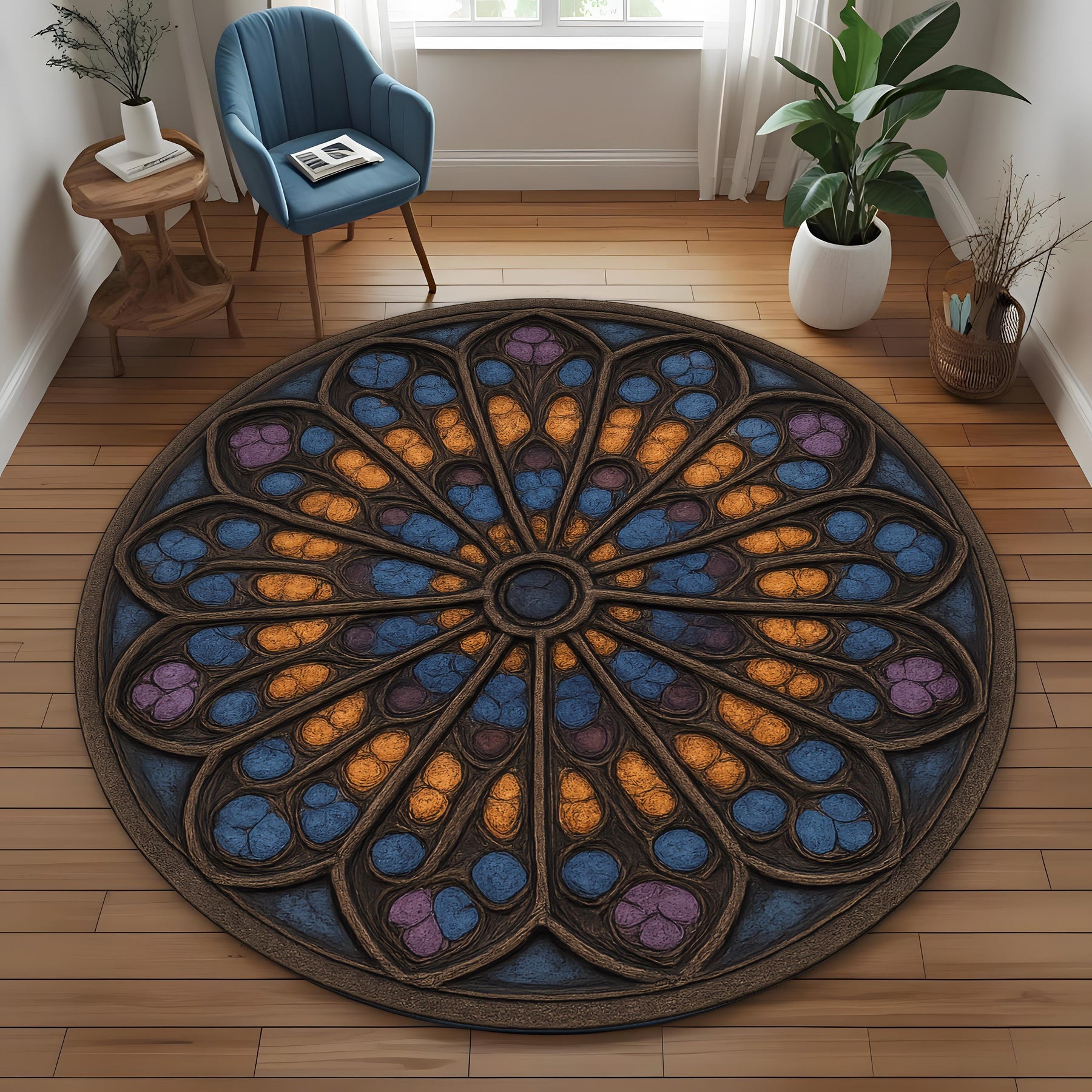 Medieval Tapestry Rose Window Rug: Round Cathedral Stained Glass Design Rug for Artistic or Gothic Interiors