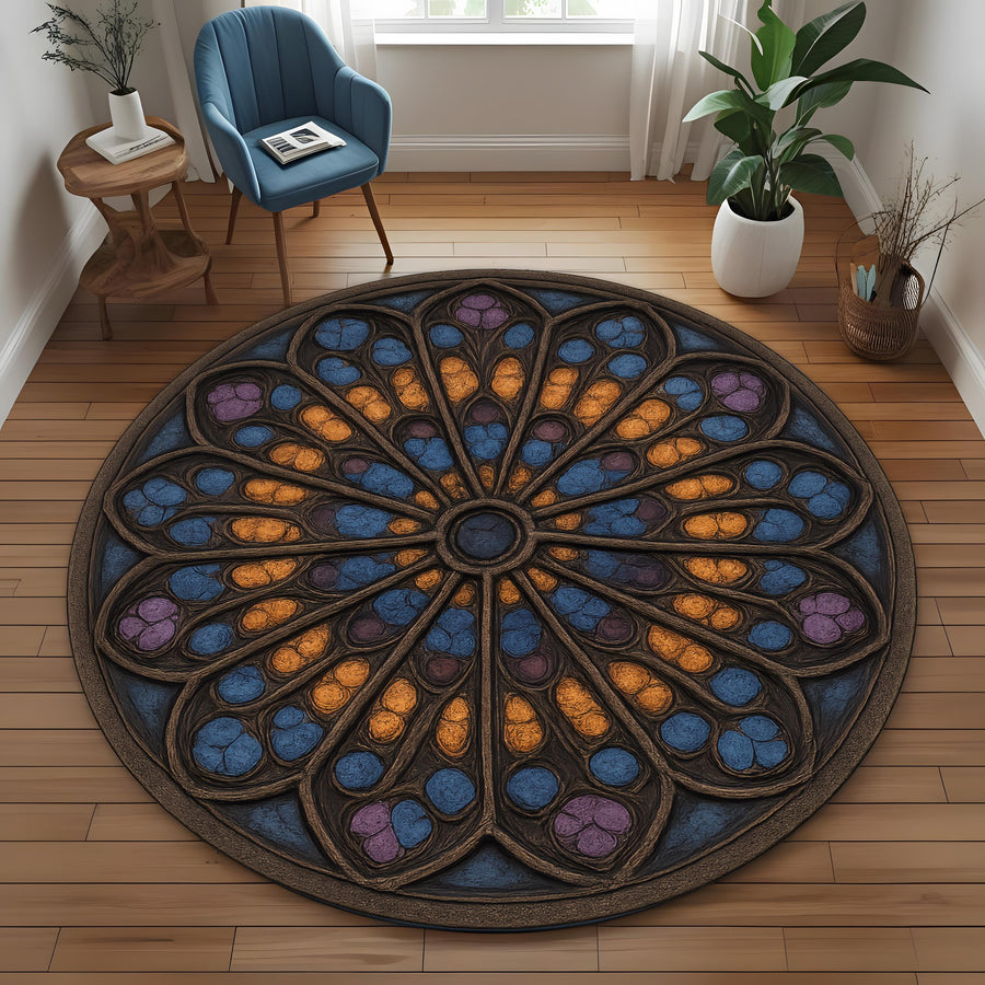 Medieval Tapestry Rose Window Rug: Round Cathedral Stained Glass Design Rug for Artistic or Gothic Interiors