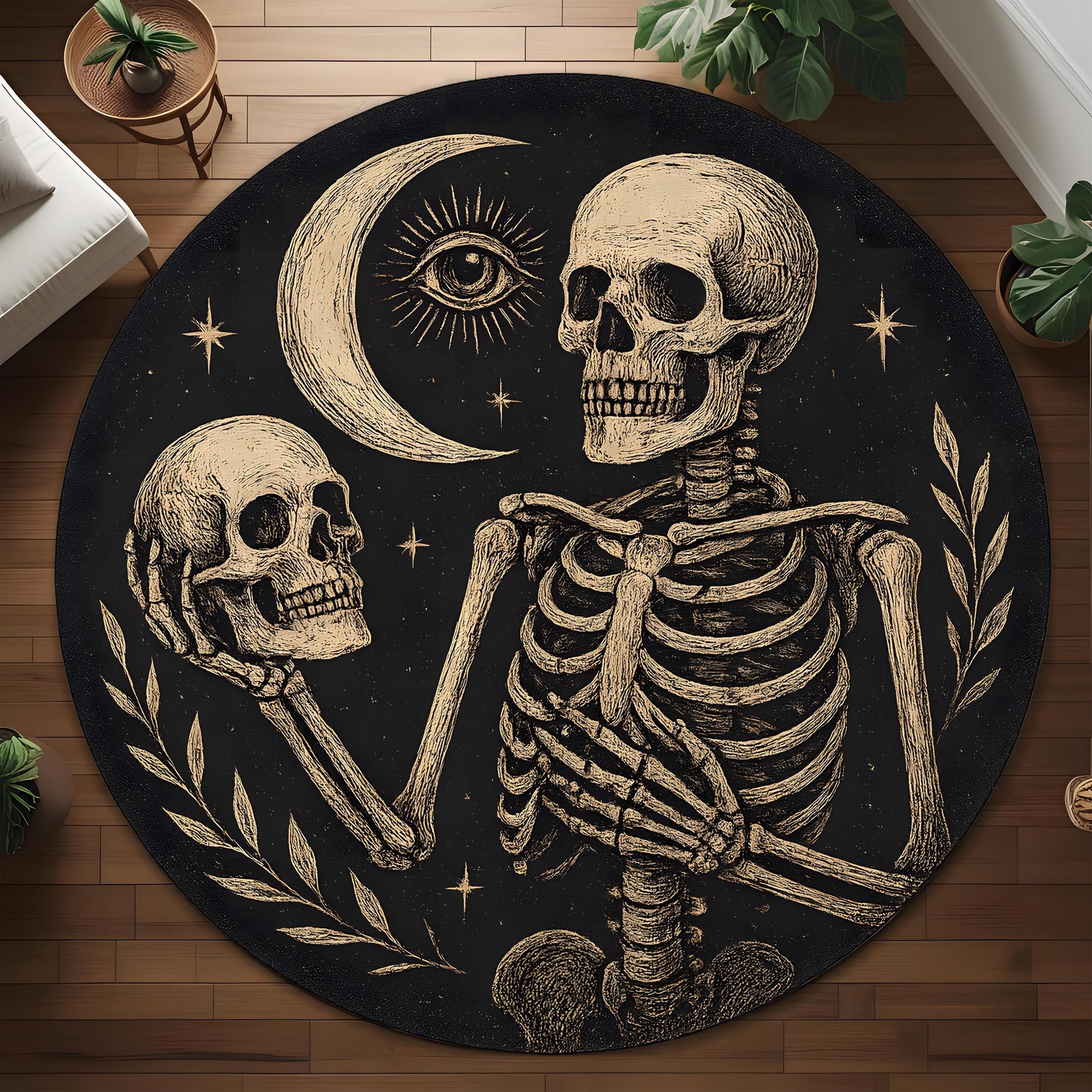 Mystical Skeleton Round Rug: Celestial Skull Scene Carpet For Witchy Or Gothic Living Room Decor