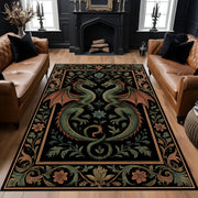 Medieval Dragon Tapestry Style Rug, Gothic Black Green Fantasy Carpet, Two Dragon Floral Art Rug for Living Room, Game Room, Bedroom Decor