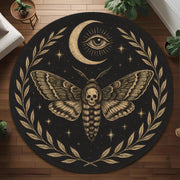 Death Moth Round Rug: Gothic Moth With Skull, Moon And Eye Design Carpet For Mystical And Occult Rooms