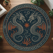 Medieval Tapestry Dragon Rug: Double Serpent Crest Round Rug with Star Symbol for Fantasy and Rustic Interiors