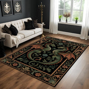 Medieval Dragon Tapestry Style Rug, Gothic Black Green Fantasy Carpet, Two Dragon Floral Art Rug for Living Room, Game Room, Bedroom Decor