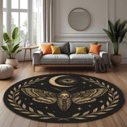 Death Moth Round Rug: Gothic Moth With Skull, Moon And Eye Design Carpet For Mystical And Occult Rooms
