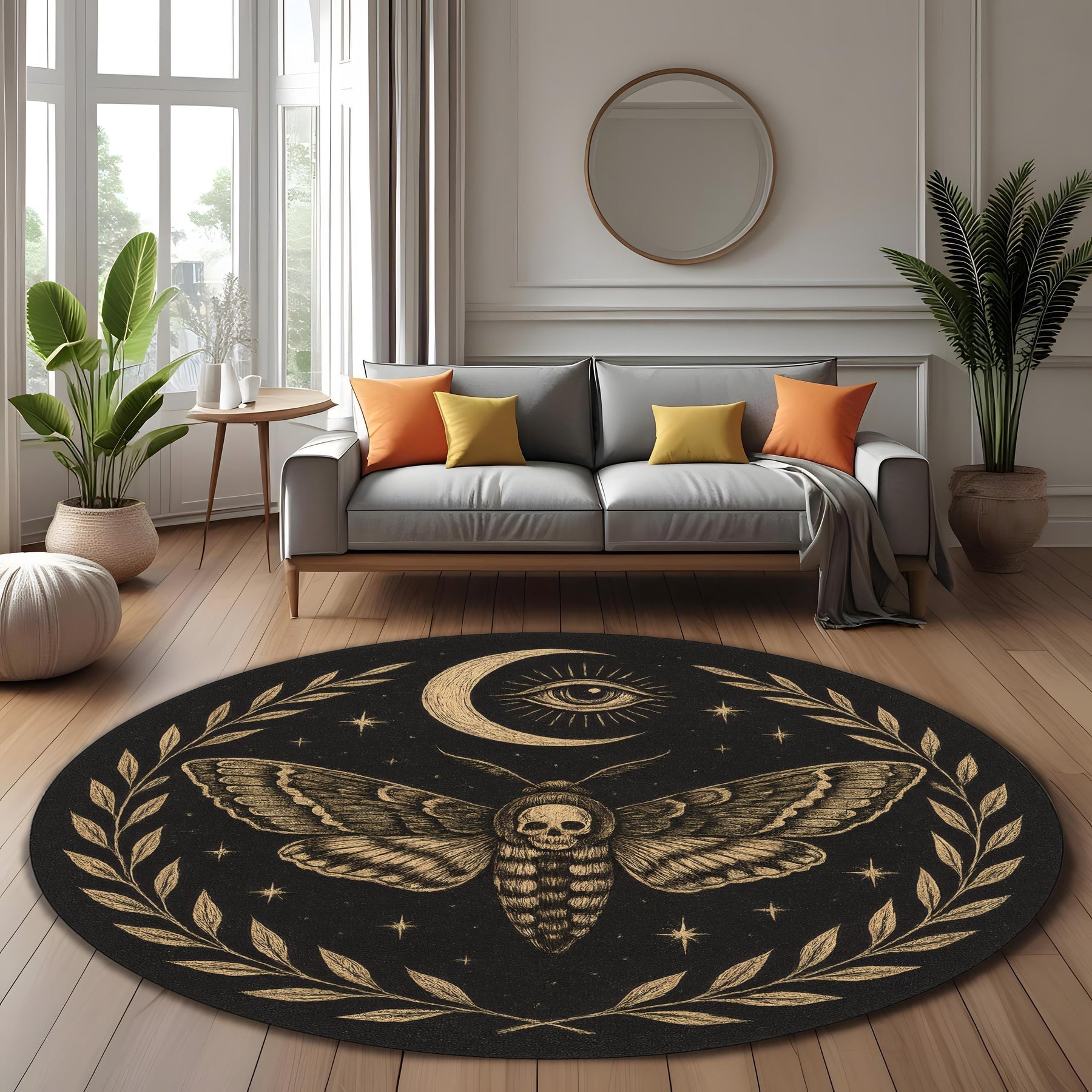 Death Moth Round Rug: Gothic Moth With Skull, Moon And Eye Design Carpet For Mystical And Occult Rooms