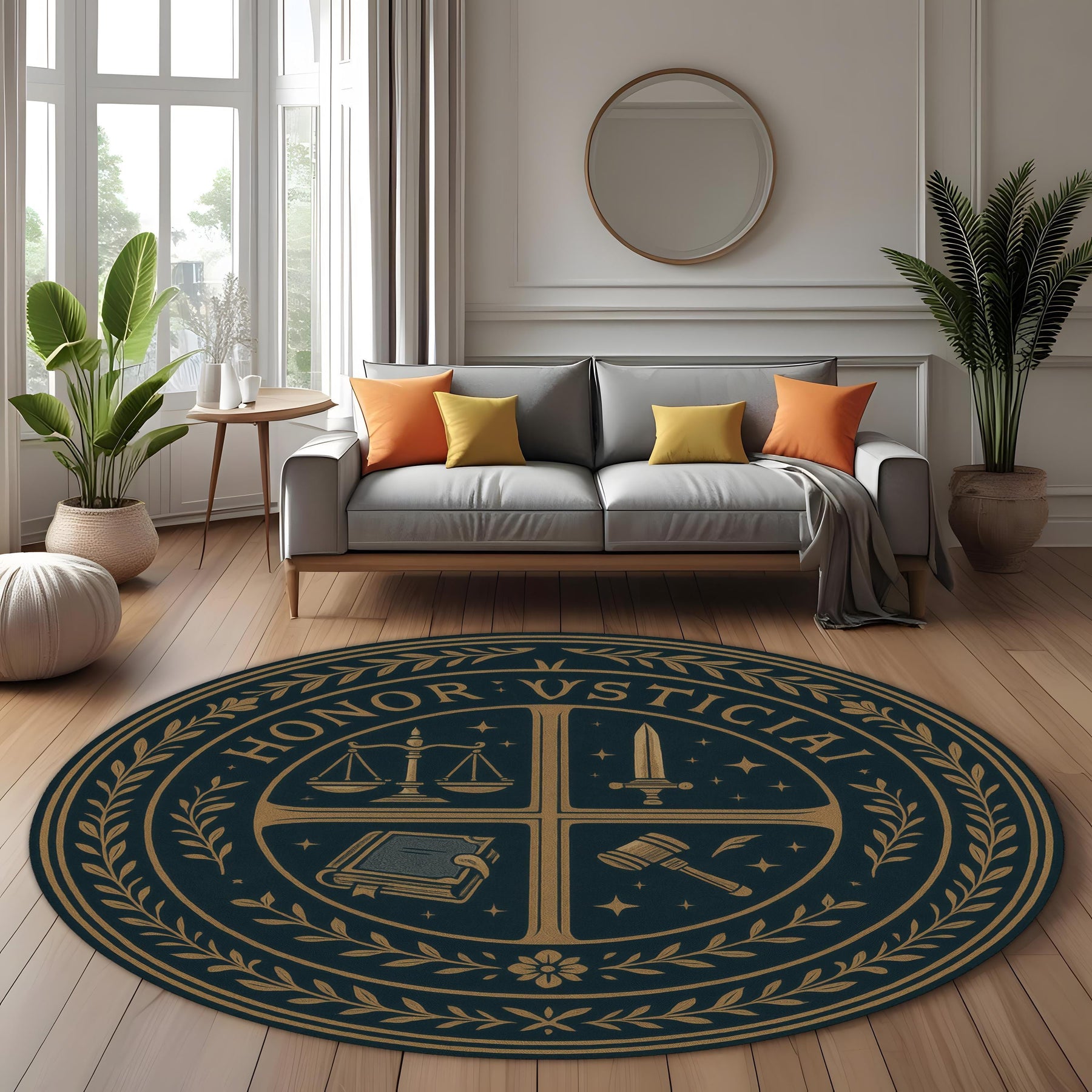 Justice Emblem Round Rug: Honor & Law Crest Carpet with Sword, Gavel, Book and Scales for Office, Library or Medieval Themed Decor
