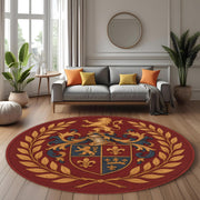 Royal Crest Round Rug: Heraldic Emblem Rug with Medieval Lion and Crown Symbols in Regal Red and Gold Palette