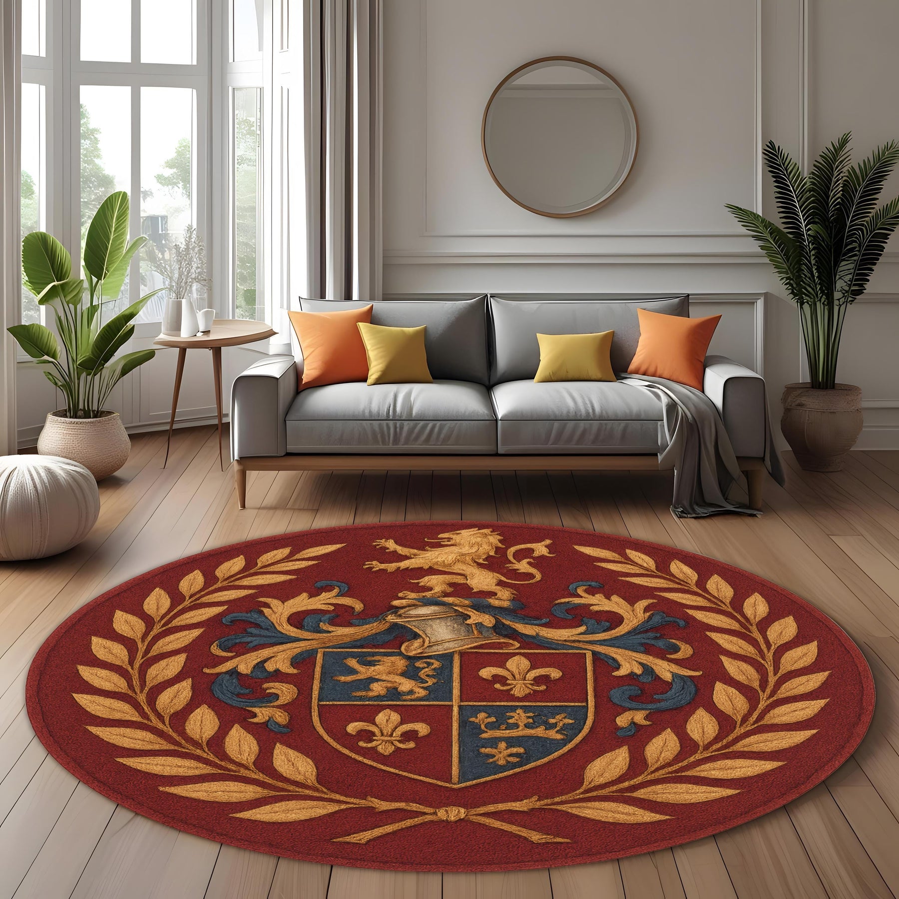 Royal Crest Round Rug: Heraldic Emblem Rug with Medieval Lion and Crown Symbols in Regal Red and Gold Palette