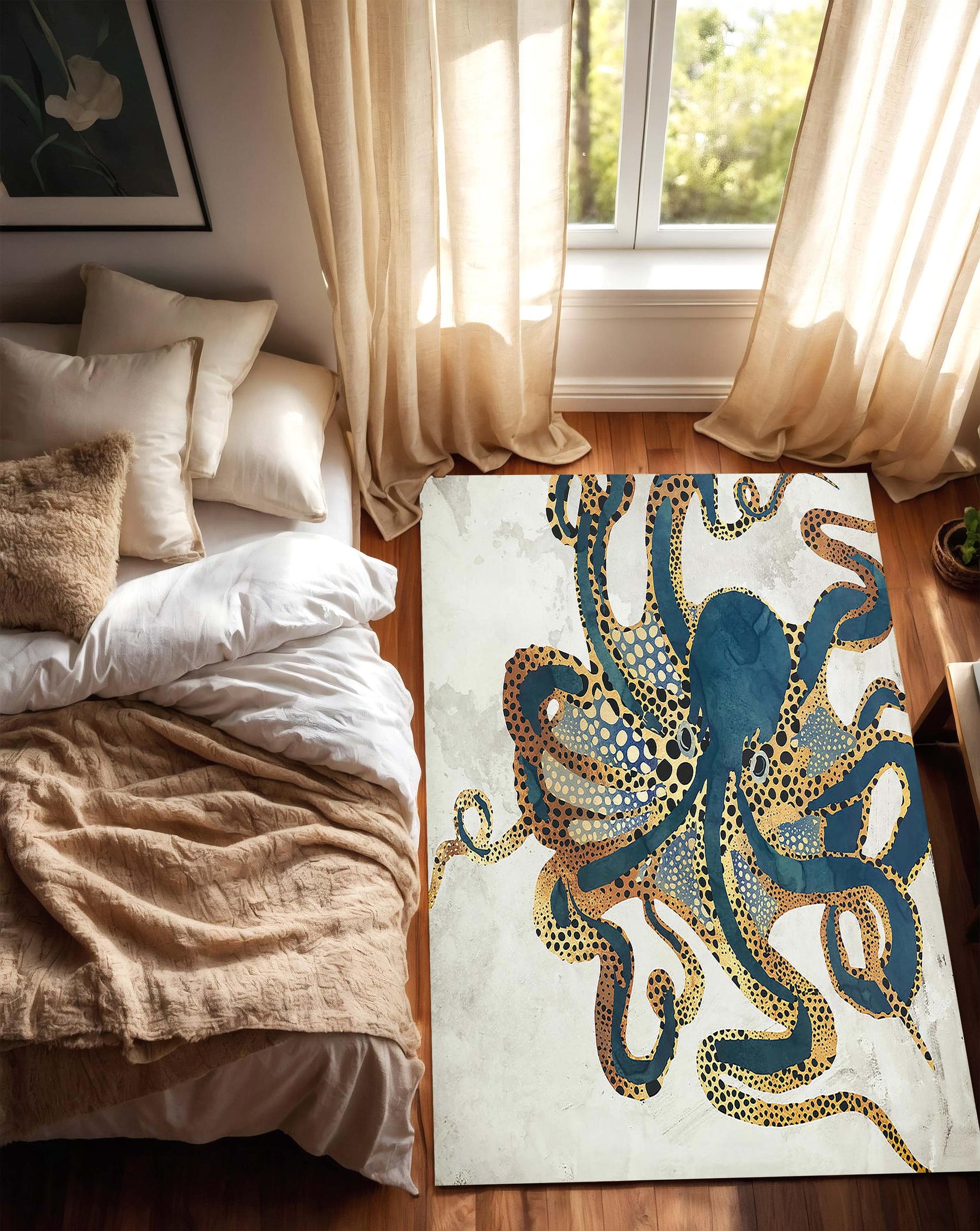 Octopus Coastal Rug, Modern Tentacle Sea Life Carpet, Abstract Marine Animal Decor for Nautical Beach House, Ocean Themed Living Room Accent
