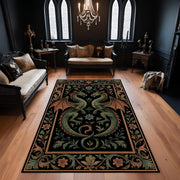 Medieval Dragon Tapestry Style Rug, Gothic Black Green Fantasy Carpet, Two Dragon Floral Art Rug for Living Room, Game Room, Bedroom Decor