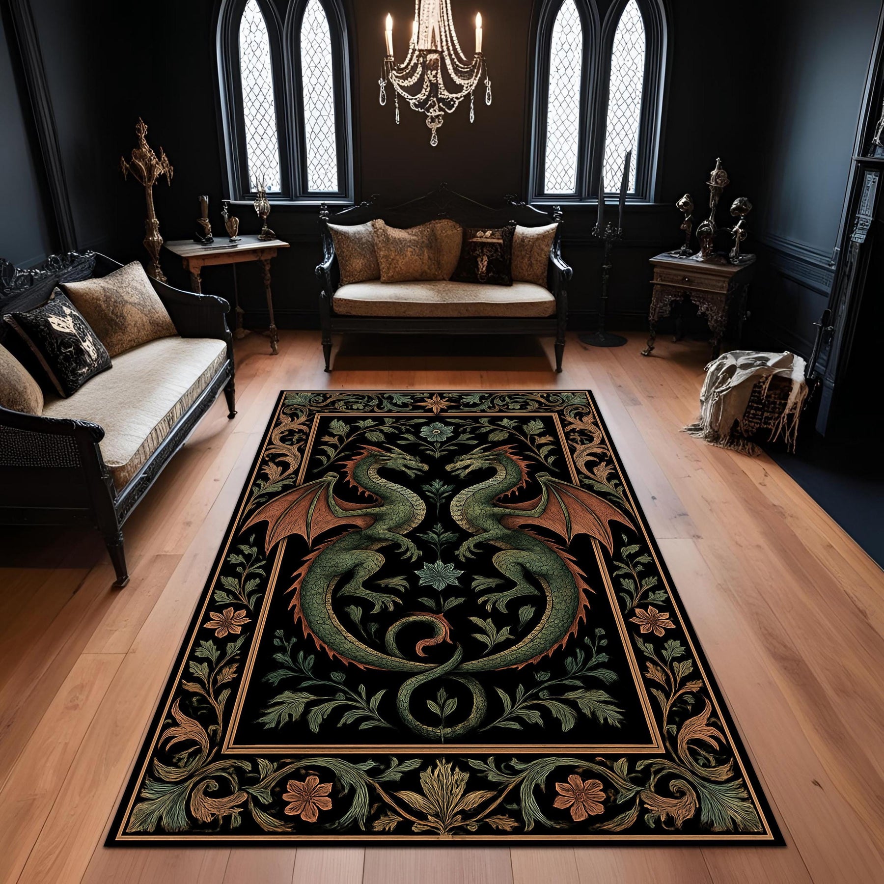 Medieval Dragon Tapestry Style Rug, Gothic Black Green Fantasy Carpet, Two Dragon Floral Art Rug for Living Room, Game Room, Bedroom Decor