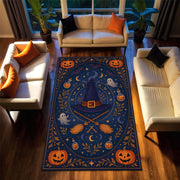 Witch Hat Halloween Rug, Blue Magic Carpet with Broomsticks, Potions and Ghosts, Spooky Witchy Tapestry for Fall Goth Room or Kids Decor
