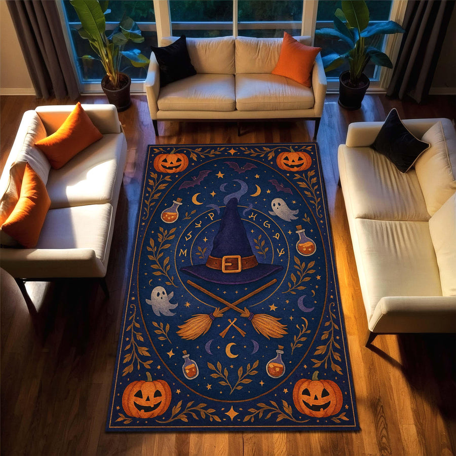 Witch Hat Halloween Rug, Blue Magic Carpet with Broomsticks, Potions and Ghosts, Spooky Witchy Tapestry for Fall Goth Room or Kids Decor