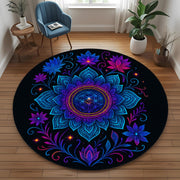 Neon Mandala Round Rug: Psychedelic Floral Pattern with Radiant Glow, Spiritual Boho Carpet for Living Room or Meditation Space