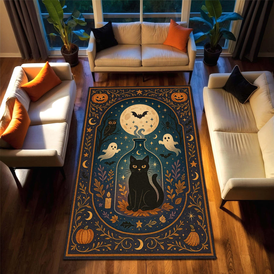 Halloween Cat Rug, Witchy Carpet with Ghosts and Pumpkins, Spooky Black Cat Area Rug for Living Room Kids Room or Magical Fall Decor