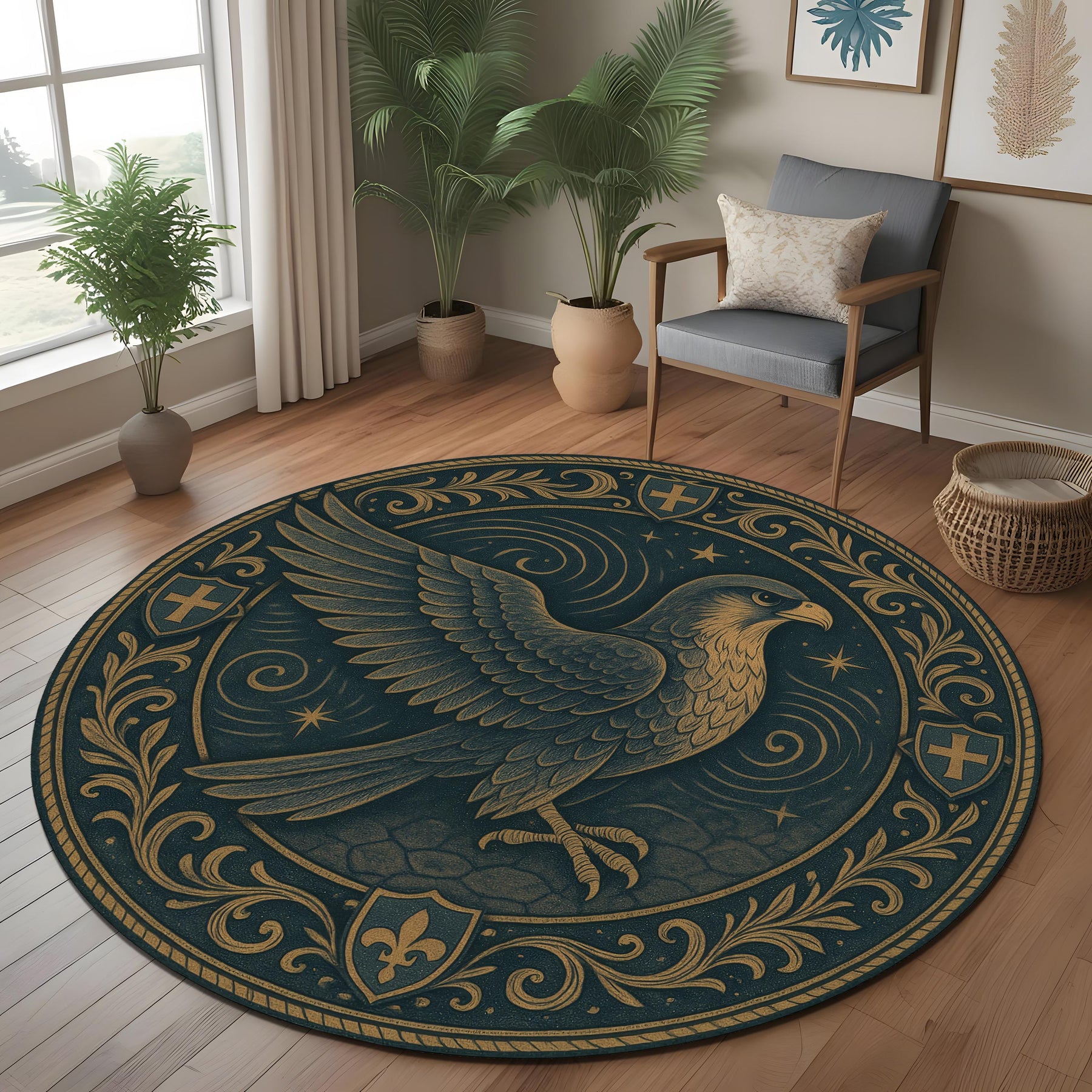 Eagle Heraldic Crest Rug: Round Medieval Style Tapestry Rug with Fleur-de-Lis and Noble Shield Motifs