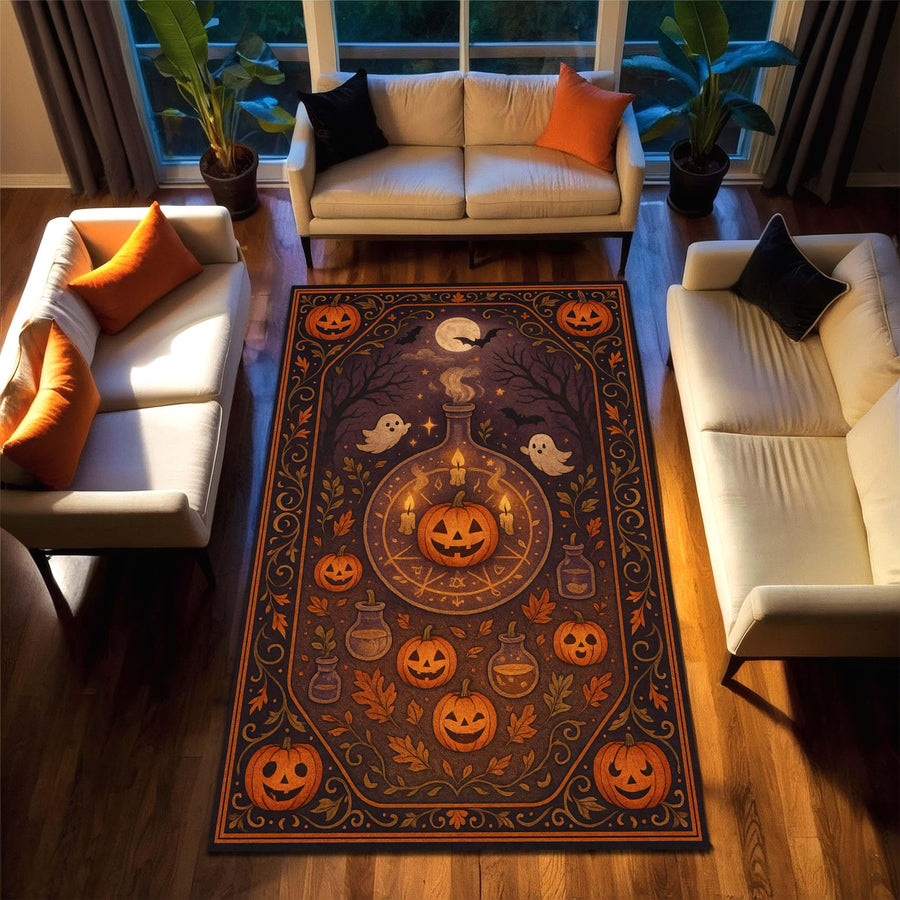 Halloween Pumpkin Rug with Magic Potion Bottles and Jack-O'-Lanterns, Witchy Area Rug for Spooky Fall Living Room or Kids Room Decor