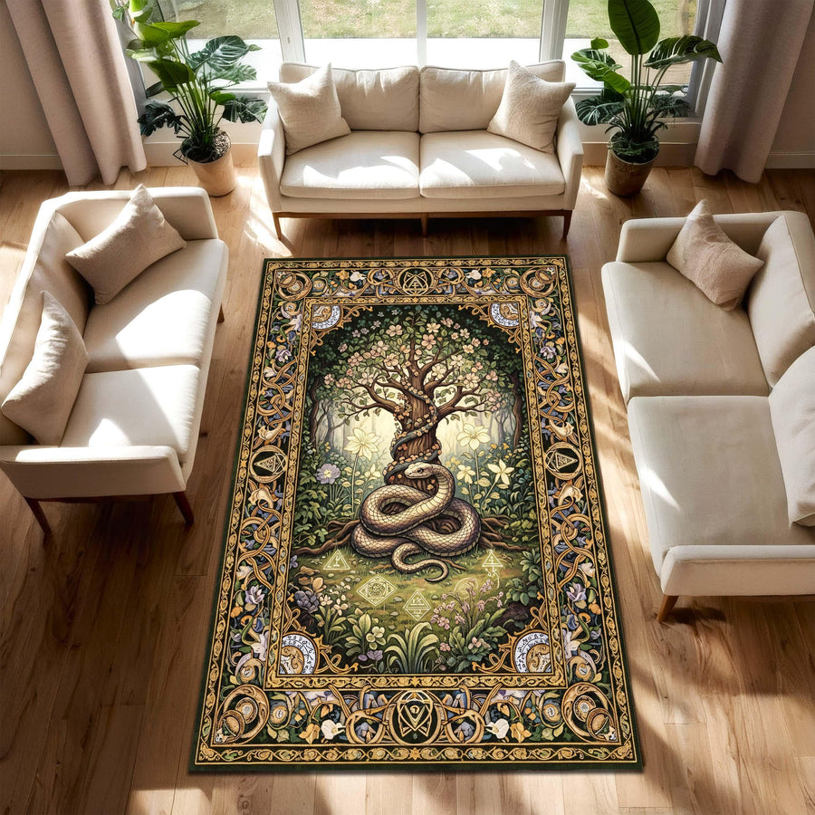 Snake Tree Tapestry Rug, Mythical Forest Carpet, Celtic Serpent Area Rug, Magic Garden Gothic Rug, Fantasy Nature Mat, Washable Fantasy Rug
