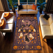 Whimsical Halloween Rug, Ghosts Trick or Treating with Black Cat and Haunted House, Purple Witchy Fall Carpet for Spooky Gothic Room Decor