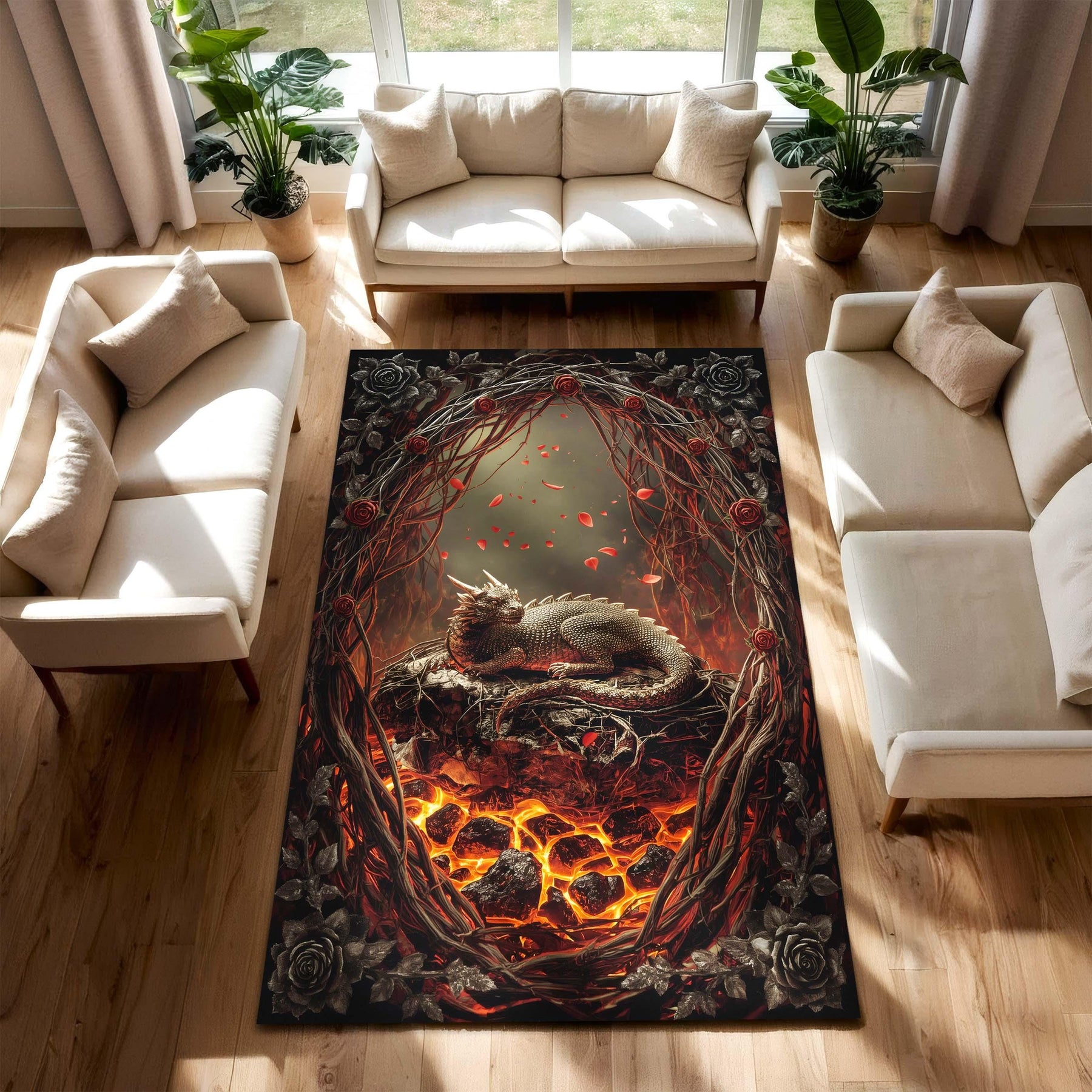 Gothic Dragon Rug for Dragonlovers, Gothic Fantasy Lava Lair Carpet with Thorns & Sleeping Beast