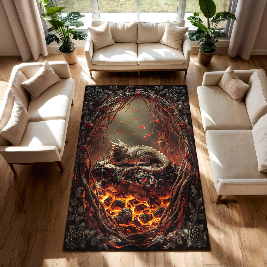 Gothic Dragon Rug for Dragonlovers, Gothic Fantasy Lava Lair Carpet with Thorns & Sleeping Beast