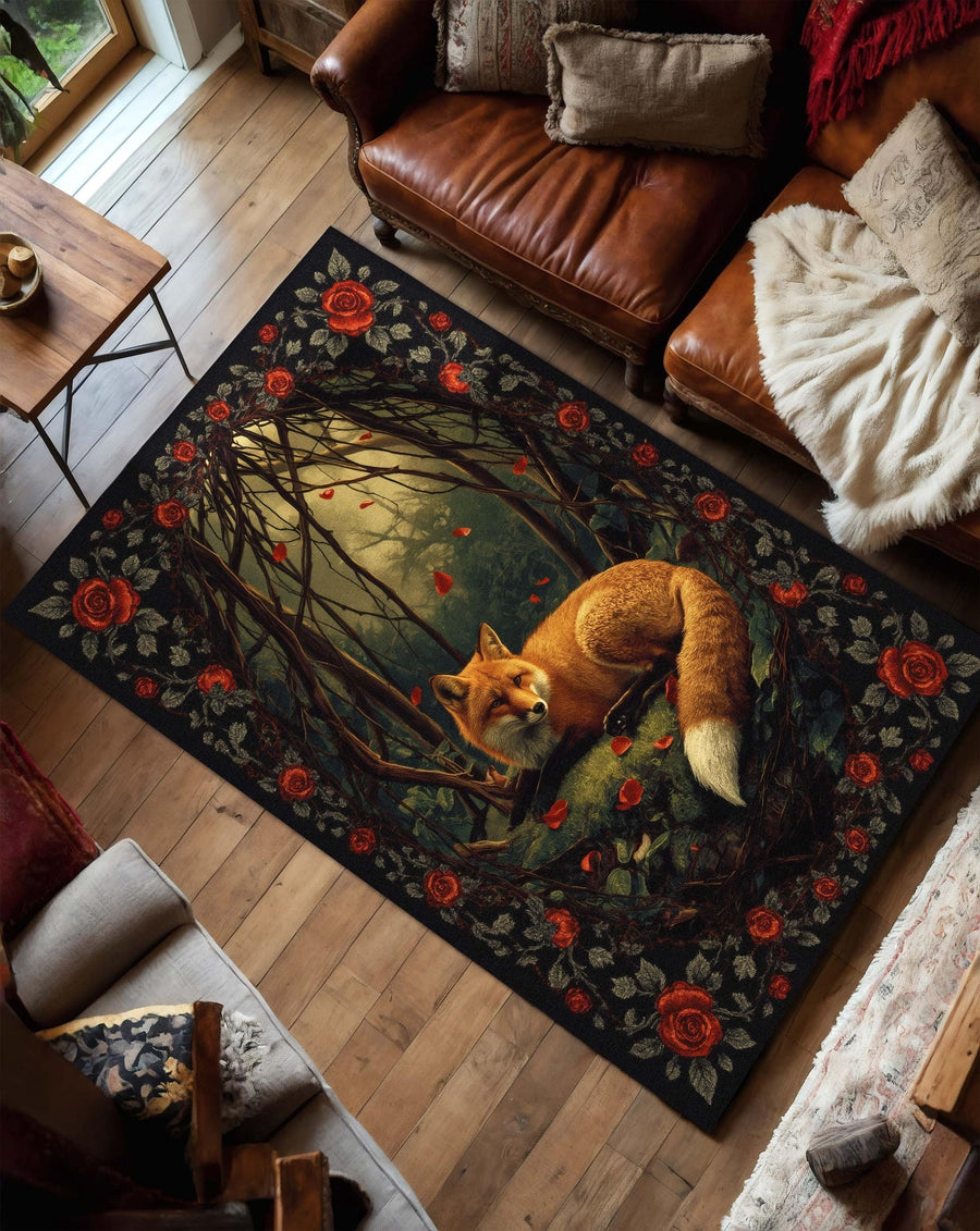 Whimsical Fox Forest Area Rug with Red Roses, Rustic Cottagecore Home Decor Carpet