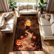 Haunted House Halloween Rug | Glowing Pumpkin Path Carpet with Full Moon | Spooky Forest Trail Rug | Gothic Haunted Mansion Fall Decor