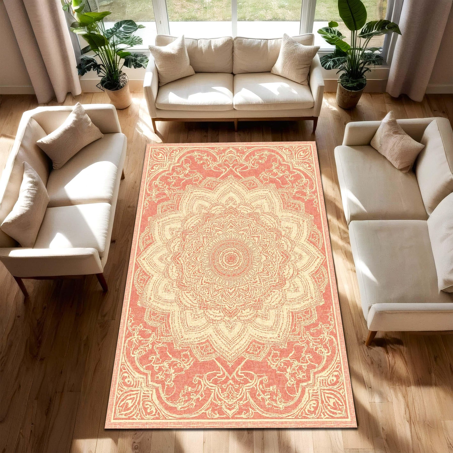 Terracotta Boho Mandala Rug for Living Room, Vintage Beige and Rust Oriental Style Carpet, Yoga Room Floor Mat, Bohemian Floral Area Rug