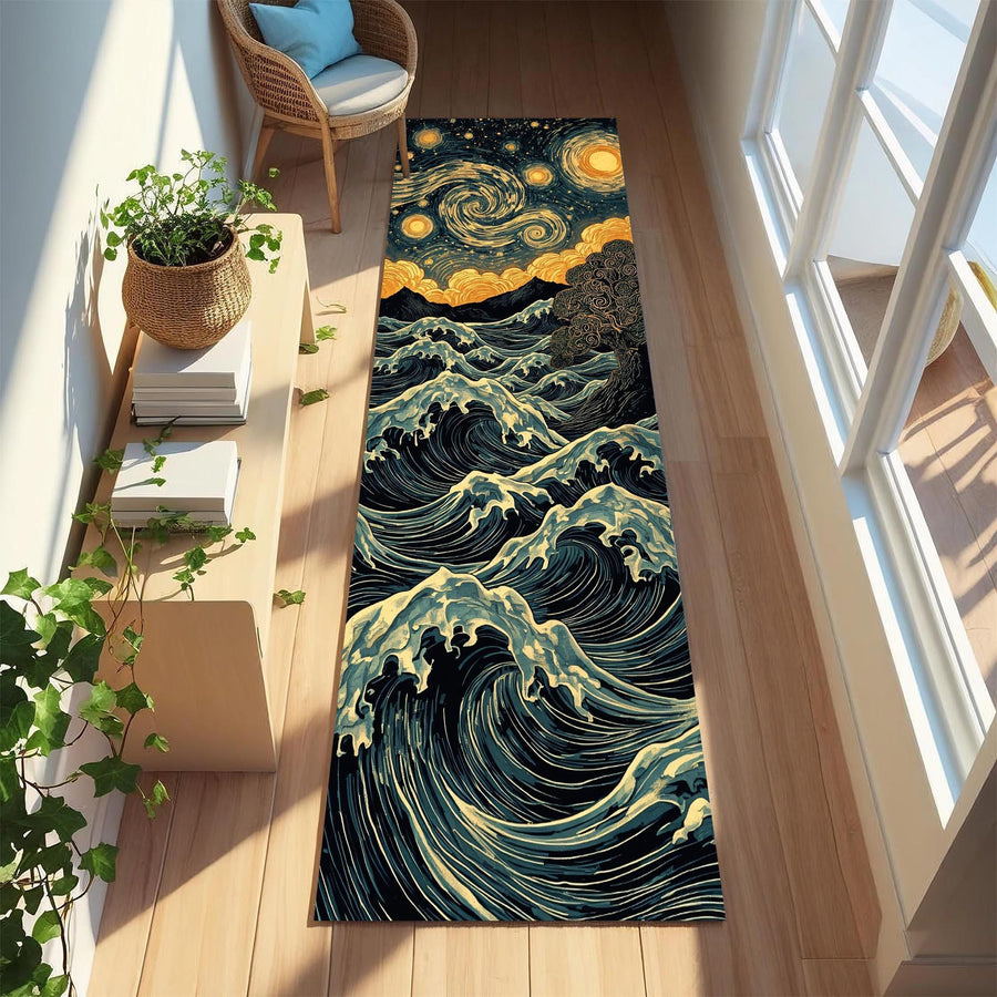 Starry Night Wave Runner Rug, Van Gogh Inspired Ocean Carpet with Swirling Sky and Crashing Waves, Artistic Fantasy Runner for Hallway Decor