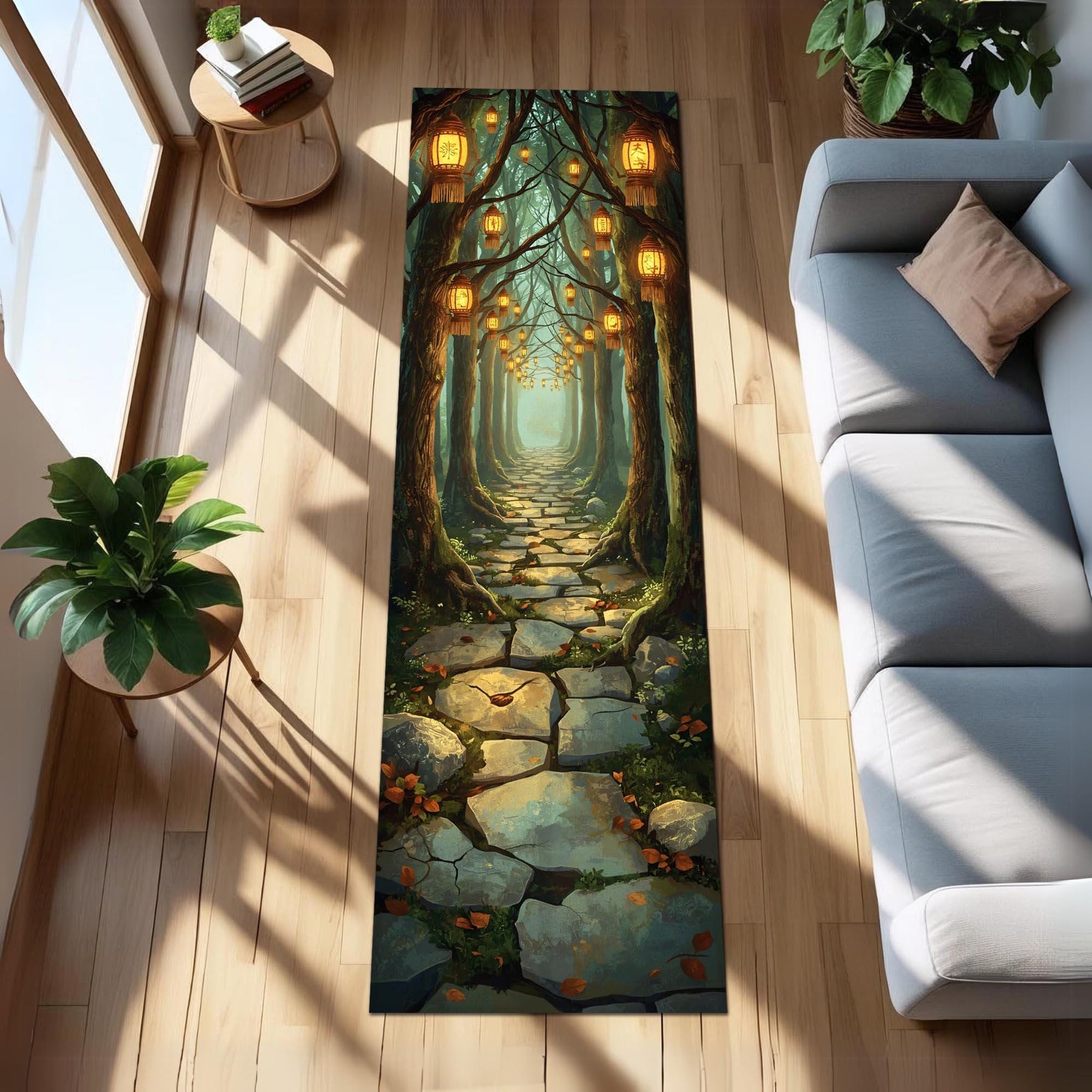 Lantern Forest Runner Rug, Enchanted Stone Path Carpet, Magical Tree Light Hallway Rug, Rustic Autumn Trail Fantasy Floor Decor