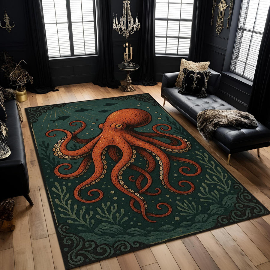 Octopus Gothic Rug, Kraken Sea Creature Rug, Dark Nautical Marine Rug, Gothic Sea Monster Rug, Washable Rug, Statement Ocean Area Rug