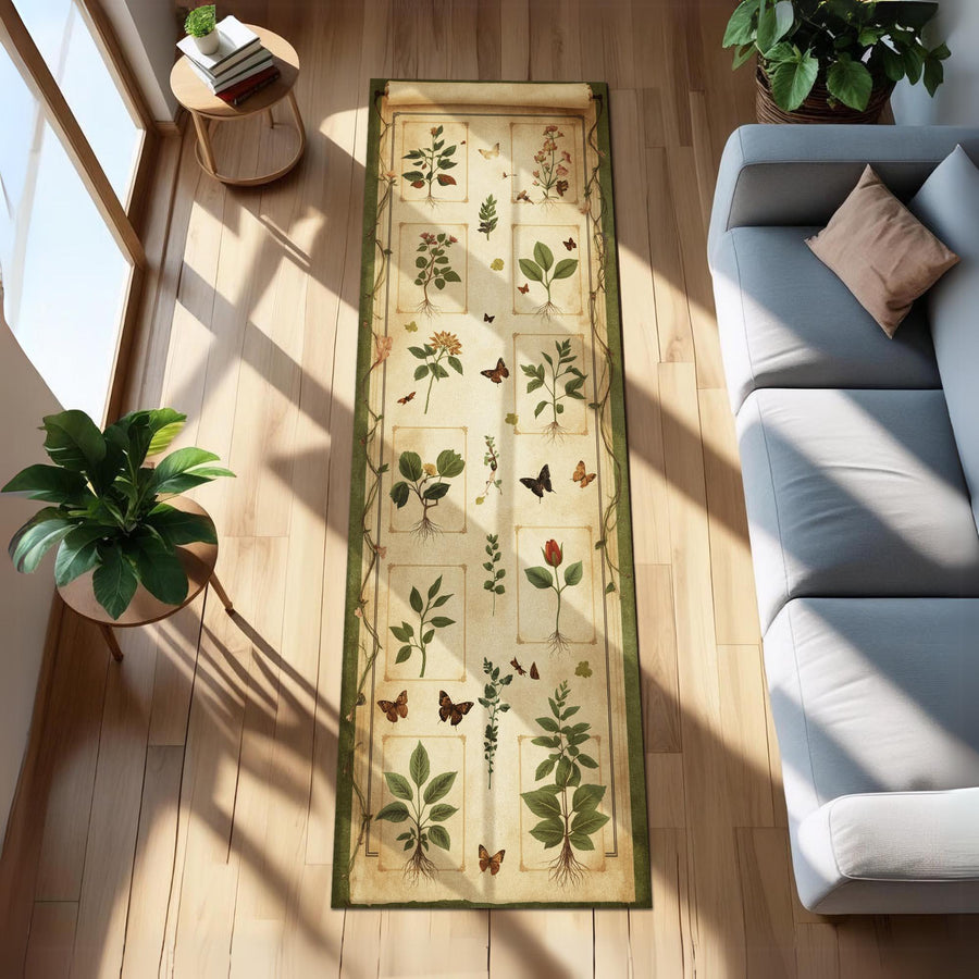 Botanical Runner Rug with Vintage Plant & Butterfly Illustrations, Cottagecore Hallway or Kitchen Decor, Nature Themed Herbarium Runner Rug