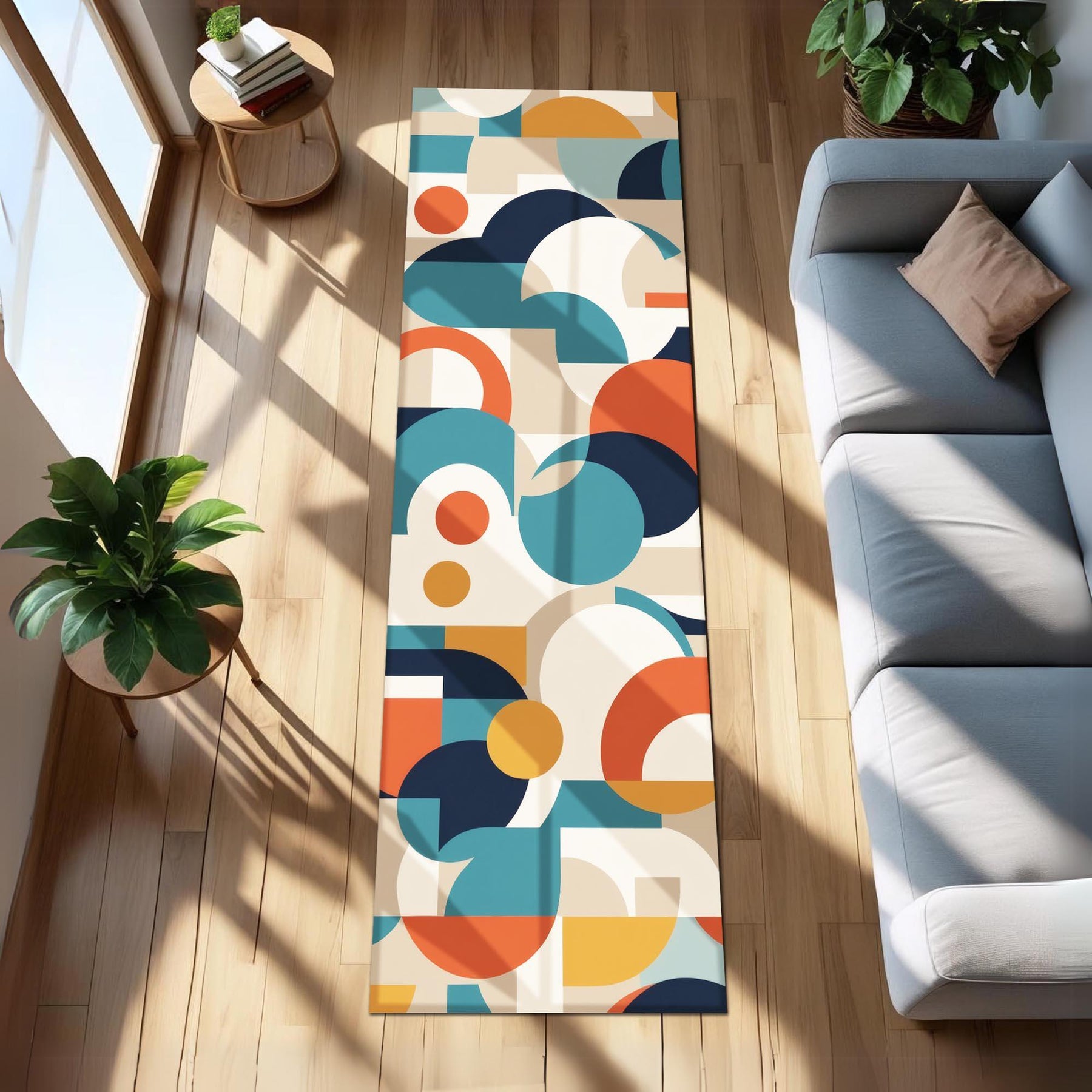 Retro Modern Runner Rug | Colorful Mid-Century Carpet with Bold Geometric Shapes in Orange, Blue & Yellow | Graphic Hallway or Entry Decor