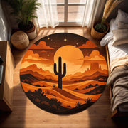 Desert Sunset Round Rug, Southwestern Cactus Floor Art, Retro Western Round Carpet, Warm Earth Tone Boho Rug, Arizona Landscape Decor