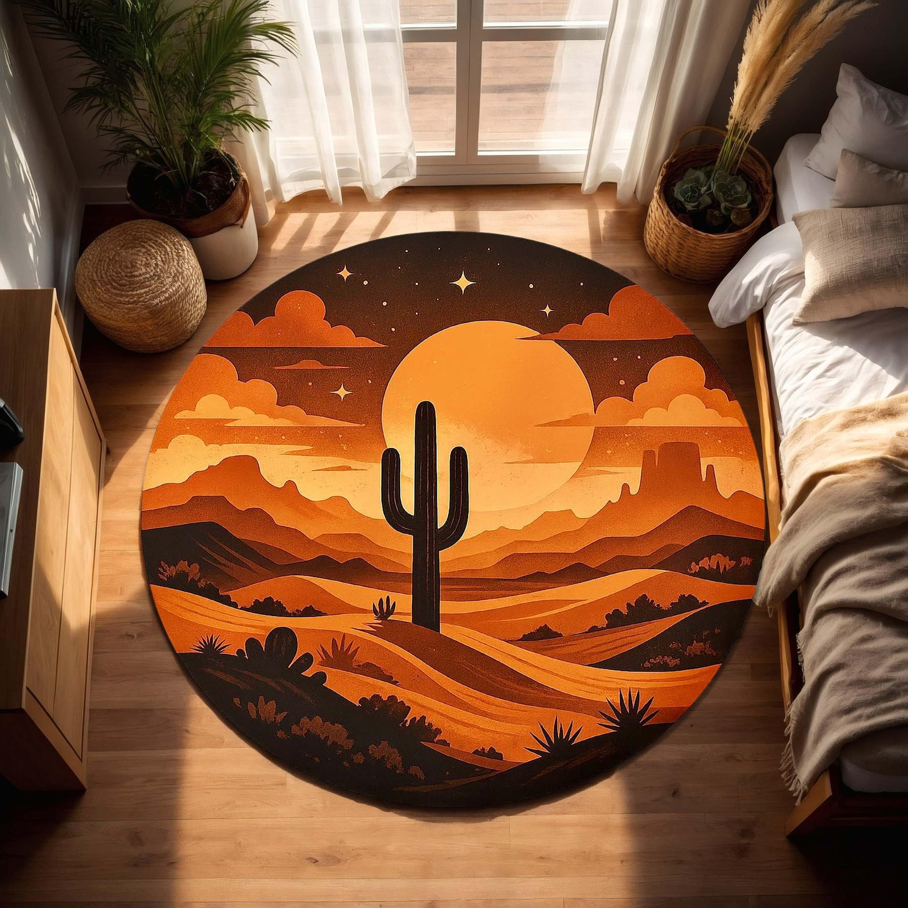 Desert Sunset Round Rug, Southwestern Cactus Floor Art, Retro Western Round Carpet, Warm Earth Tone Boho Rug, Arizona Landscape Decor