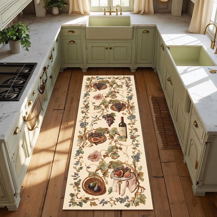 French Country Runner Rug, Châteaucore Kitchen Mat, Vintage Style Floral Hallway Rug, Heirloom Style Wine & Fruit Decor, Elegant Narrow Rug