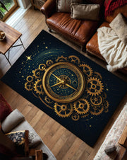 Steampunk Compass Rug, Gold Gear Clockwork Carpet with Celestial Star Design, Cosmic Navigation Theme Rug for Study Room or Modern Library