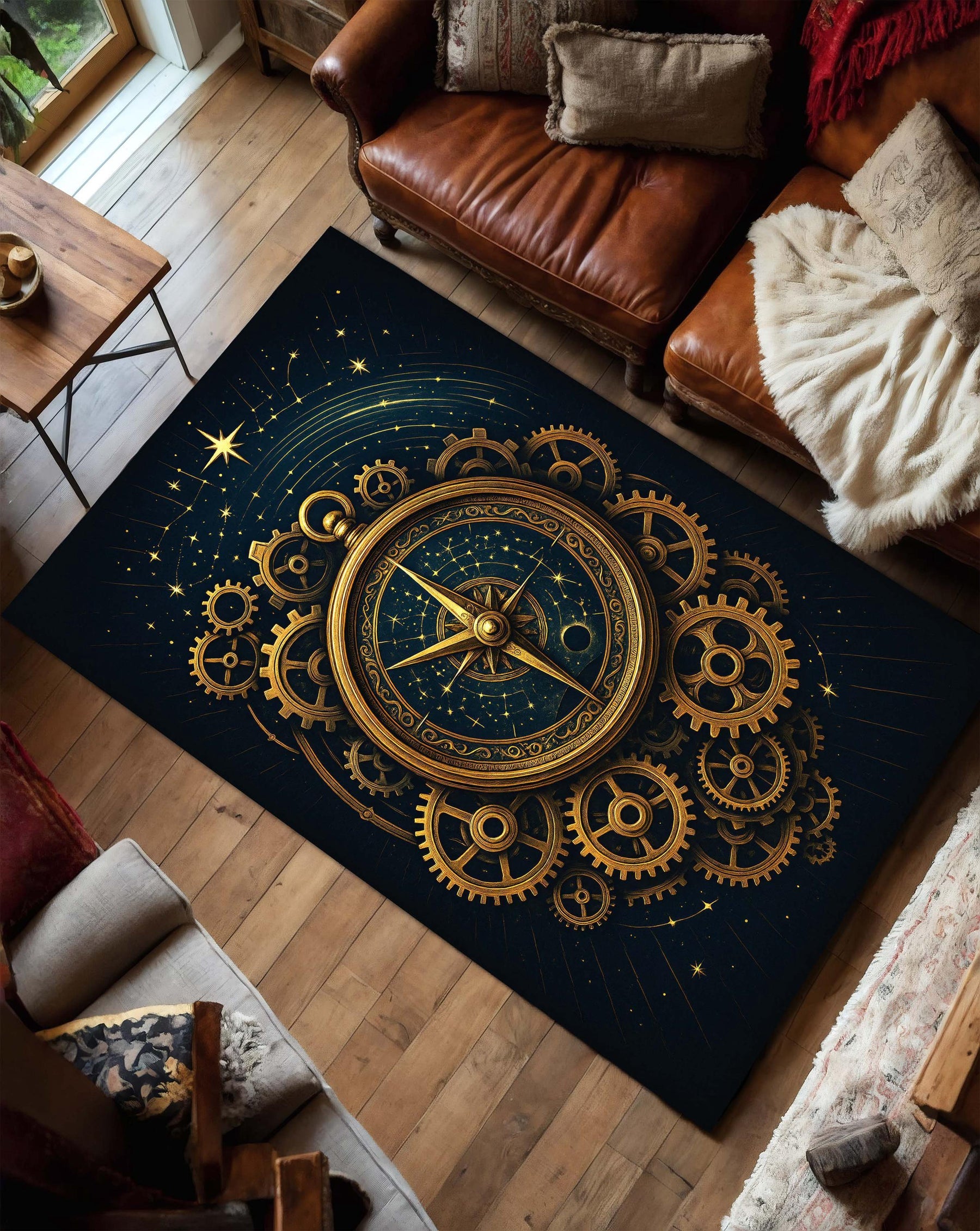 Steampunk Compass Rug, Gold Gear Clockwork Carpet with Celestial Star Design, Cosmic Navigation Theme Rug for Study Room or Modern Library